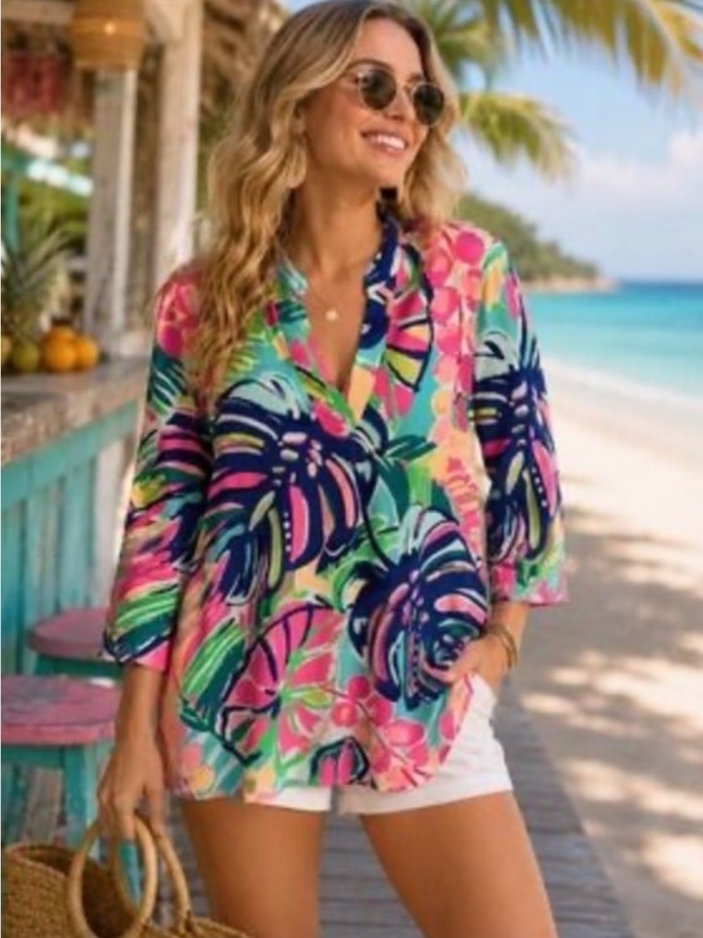 Lilly Pulitzer Pink Multi Tropical Print V-Neck Tunic